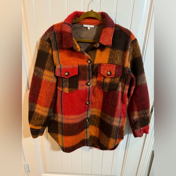Veveret Orange and Brown Plaid Heavy Shacket - Picture 2 of 5